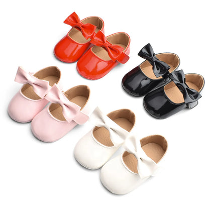 New Newborn Baby Girls Shoes Patent Leather Buckle First Walkers with Bow Red Black Pink White Soft Soled Non-slip Crib Shoes