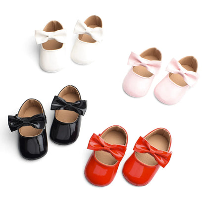 New Newborn Baby Girls Shoes Patent Leather Buckle First Walkers with Bow Red Black Pink White Soft Soled Non-slip Crib Shoes