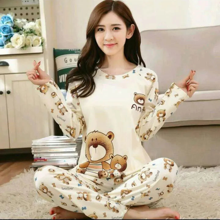Spring Thin 2pieces Pajamas Set Women Tops 2025 Cotton Round Neck Girls Pajamas Sets Teacup Cat Sleepwear Clothes Pajamas