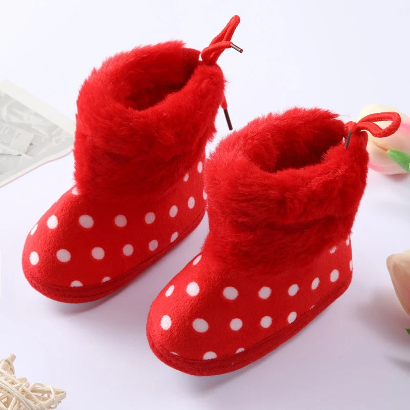 Winter Newborn Baby Girl Boy Polka Dot Cute Cartoon Cotton Shoes Soft Sole Plus Velvet Warm Boots Toddler Infant Walking Shoes