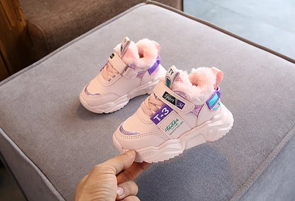 Autumn Winter Girl Children Sport Shoes Breathable Plush Warm Boys Sneakers Boots Soft Light WIth Fur Outdoor Kids Running Shoes