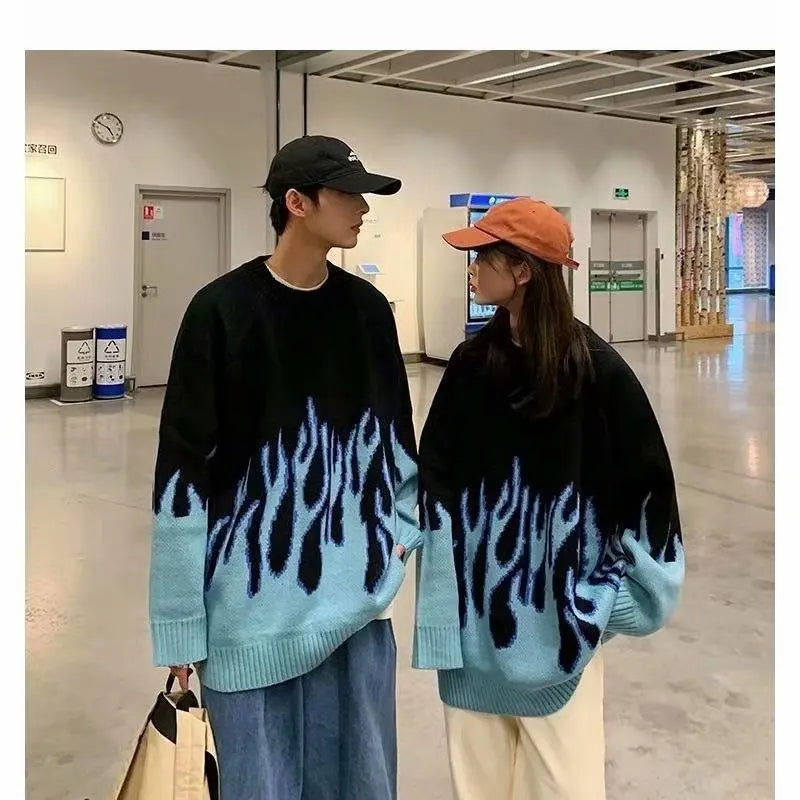 Hip Hop Mens Streetwear Harajuku Knitted Sweater Blue Fire Flame 2025 Autumn Sweater Pullover Loose HipHop Retro Vintage