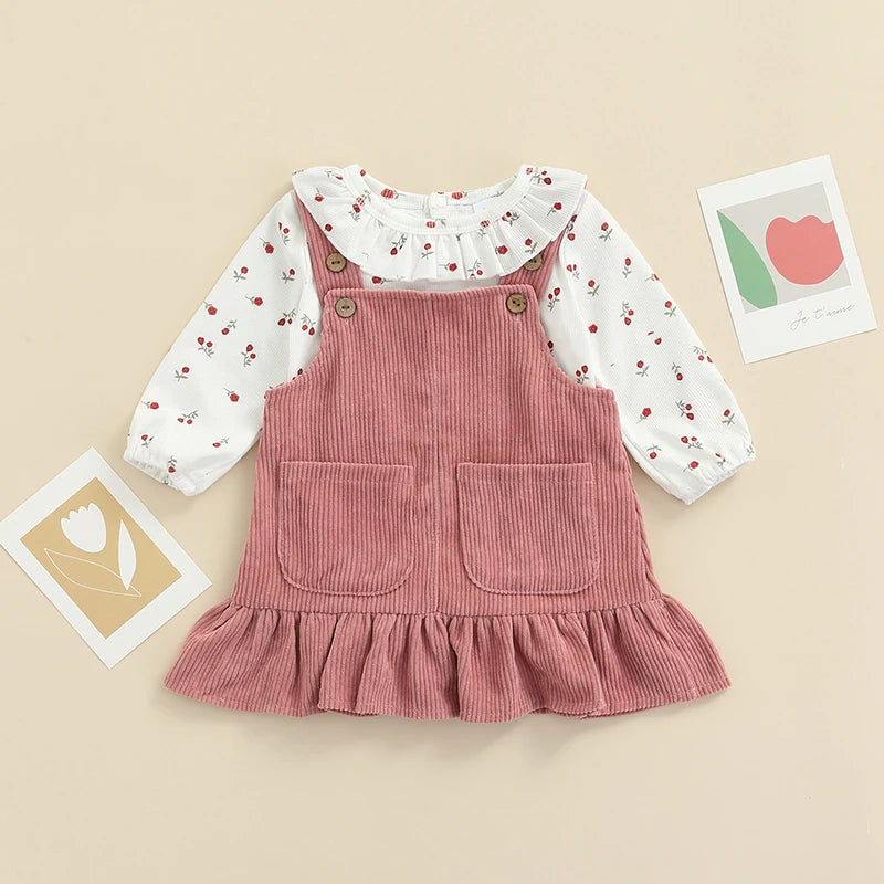 Infant Baby Girls Suit Spring Autumn Long Sleeve Floral Printed Romper Tops Solid Color Ruffled Dress 2pcs sets 0-18M