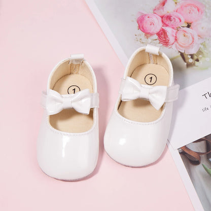 Newborn Baby Shoes Baby Boy Girl Shoes Girl Classic Bowknot Rubber Sole Anti-slip PU Dress Shoes First Walker Toddler Crib Shoes