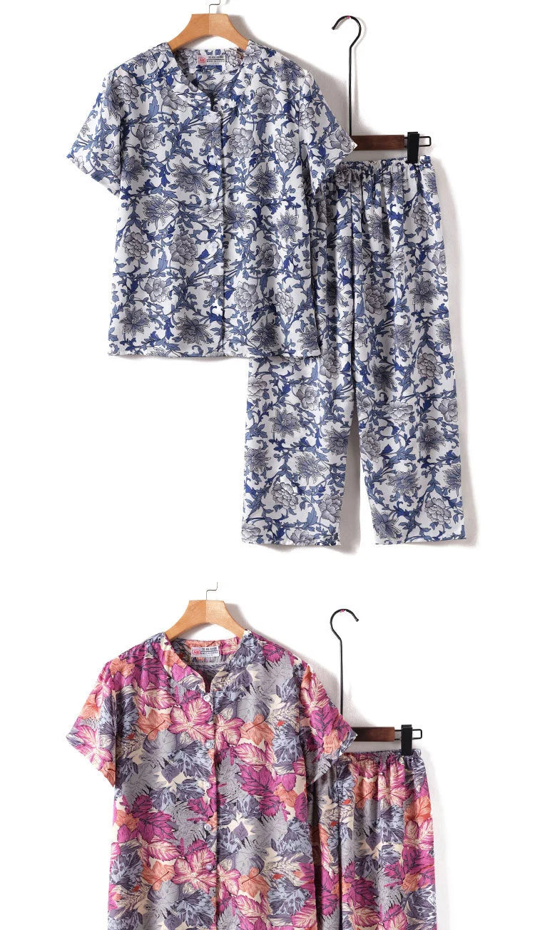 Novelty Sleepwear Women Pajamas Set Night Suit For Mother & Grandma Pajamas Summer Pajama Femme Printing Cardigan Home Clothes