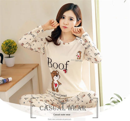 Spring Thin 2pieces Pajamas Set Women Tops 2025 Cotton Round Neck Girls Pajamas Sets Teacup Cat Sleepwear Clothes Pajamas