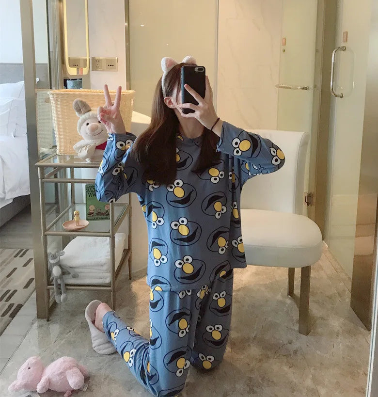 Spring Thin 2pieces Pajamas Set Women Tops 2025 Cotton Round Neck Girls Pajamas Sets Teacup Cat Sleepwear Clothes Pajamas