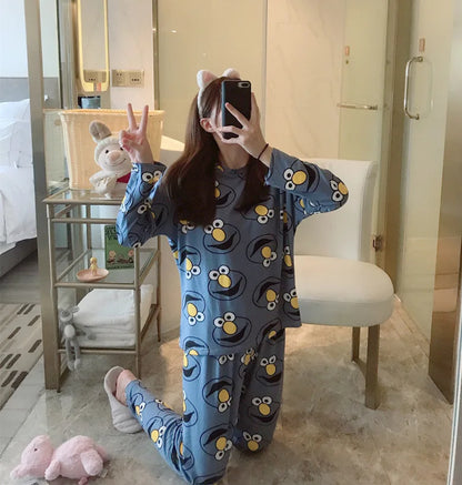 Spring Thin 2pieces Pajamas Set Women Tops 2025 Cotton Round Neck Girls Pajamas Sets Teacup Cat Sleepwear Clothes Pajamas