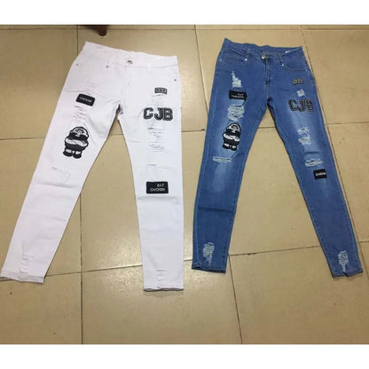 Men's Stretchy Ripped Skinny Embroidered Jeans Men's White Pants Destroyed Hole Slim Fit Denim High Quality Hip Hop Men trousers