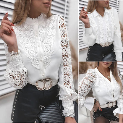 Shirts Elegant Office Ladies White Collared Lace Patchwork Hollow Out Button Up Women's Tops And Blouses 2025 Fashion New Blouse