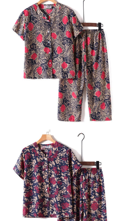 Novelty Sleepwear Women Pajamas Set Night Suit For Mother & Grandma Pajamas Summer Pajama Femme Printing Cardigan Home Clothes