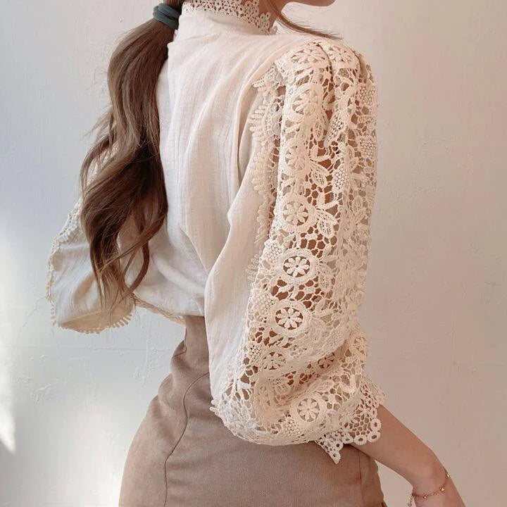 Women Chiffon Button Turtleneck Shirt Chic Elegant Floral Lace Fluffy Long Sleeve Top Fashion Hollow Oversize White Blouse 2025