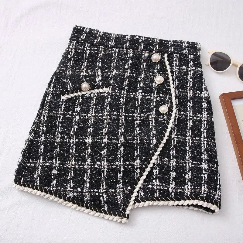 Tweed Skirts for Women Solid High Waist Slimming Skirts Autumn Spring 2025 Buttons Double Breasted Tweed Wool Mini Skirt