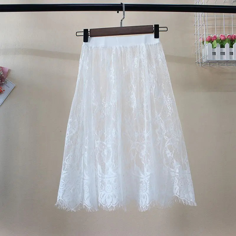 Hot Summer Women Lace Skirts  Fashion Solid Casual Mesh Tulle Skirt Hollow Out Short Pencil Elegant Elastic Black White Skirt