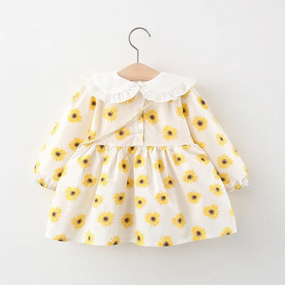 2Piece Spring Fall Toddler Girl Clothes Set Korean Cute Doll Collar Long Sleeve Print Flowers Dress+ Bag Newborn Baby Dresses 074