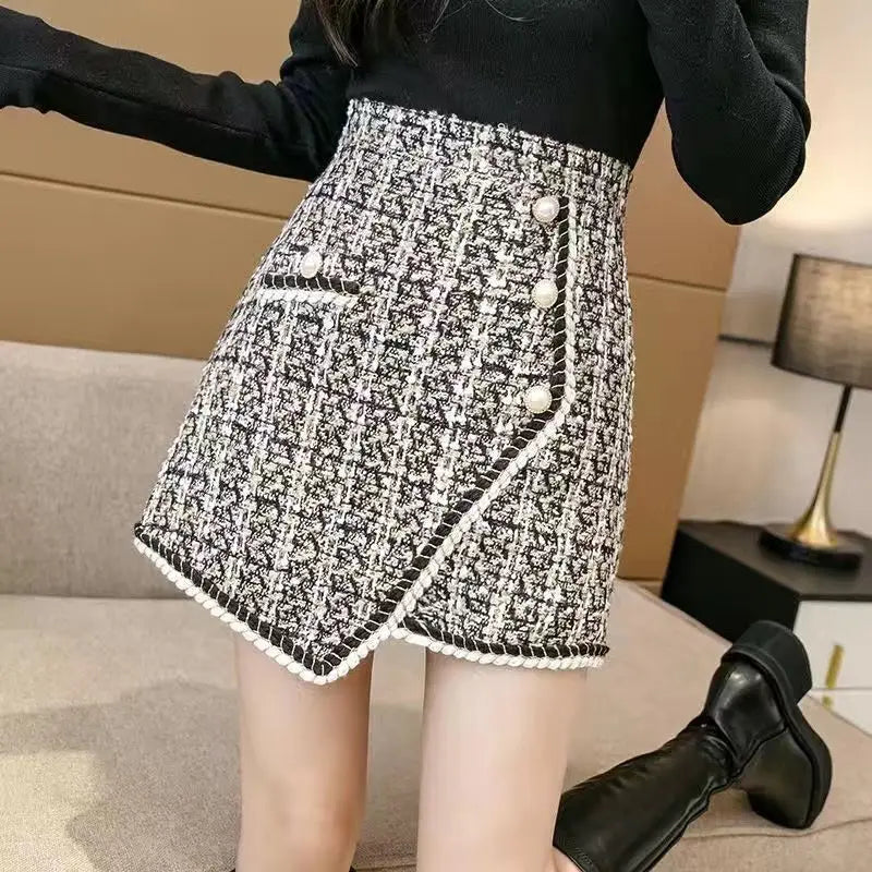 Tweed Skirts for Women Solid High Waist Slimming Skirts Autumn Spring 2025 Buttons Double Breasted Tweed Wool Mini Skirt