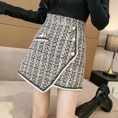 Tweed Skirts for Women Solid High Waist Slimming Skirts Autumn Spring 2025 Buttons Double Breasted Tweed Wool Mini Skirt