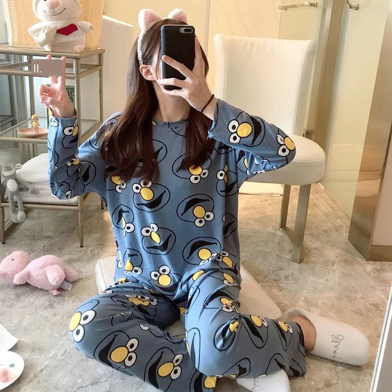Spring Thin 2pieces Pajamas Set Women Tops 2025 Cotton Round Neck Girls Pajamas Sets Teacup Cat Sleepwear Clothes Pajamas