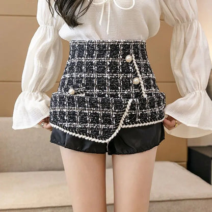 Tweed Skirts for Women Solid High Waist Slimming Skirts Autumn Spring 2025 Buttons Double Breasted Tweed Wool Mini Skirt