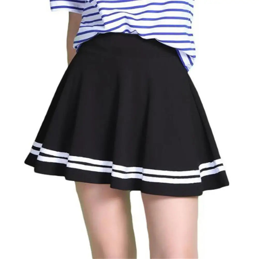 Women Skirt Solid Color Sexy High Waist Stripe Midi Pleated Skirts Girls Black White A Line Mini School Skirt Uniform Large Size