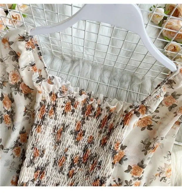 Blouse Women Autumn Retro Sexy Square-Neck Chiffon Shirt Long Sleeve Women's High Waist Short Blusas Ropa De Mujer