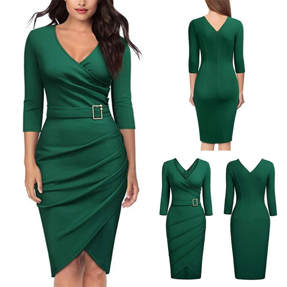 Formal Dress Women Summer Solid Color 3/4 Sleeve Elegant Dress High Waist Belted Irregular Pencil Dress Red