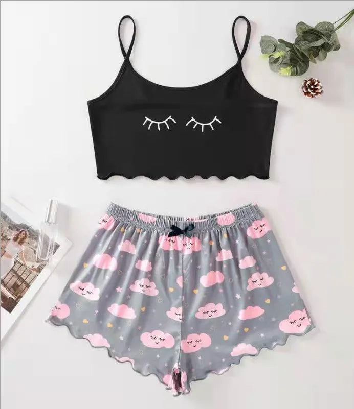 Hot Women's Sleepwear Cute Cartoon Print Short Set Pajamas for Women Pajama Set Sweet Short Sleeve V-Neck & Shorts Summer Pajama