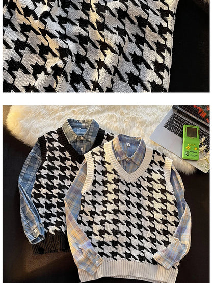 Men Houndstooth Sweater Vests Vintage Sleeveless V-neck Knitwear College Students Couple Loose Outwear Suester Para Hombre Chic