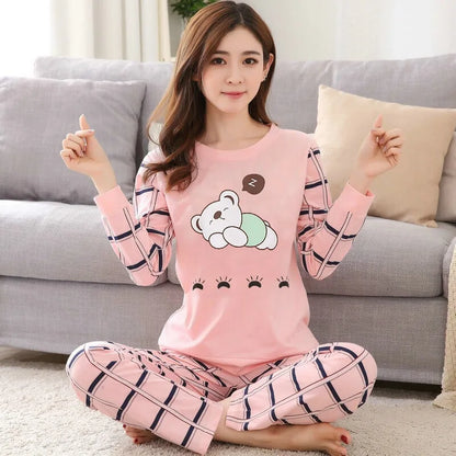 Autumn 2pieces Pyjamas Set Women Thin Sexy Sleepwear Lovely Home Suit 2025 Round Neck Girls Teacup Sleep wear Long Sleeve Pajama