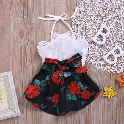 Newborn Baby Girl Clothes Sleeveless Lace Flower Print Strap Romper Jumpsuit One-Piece Outfit Summer Clothes