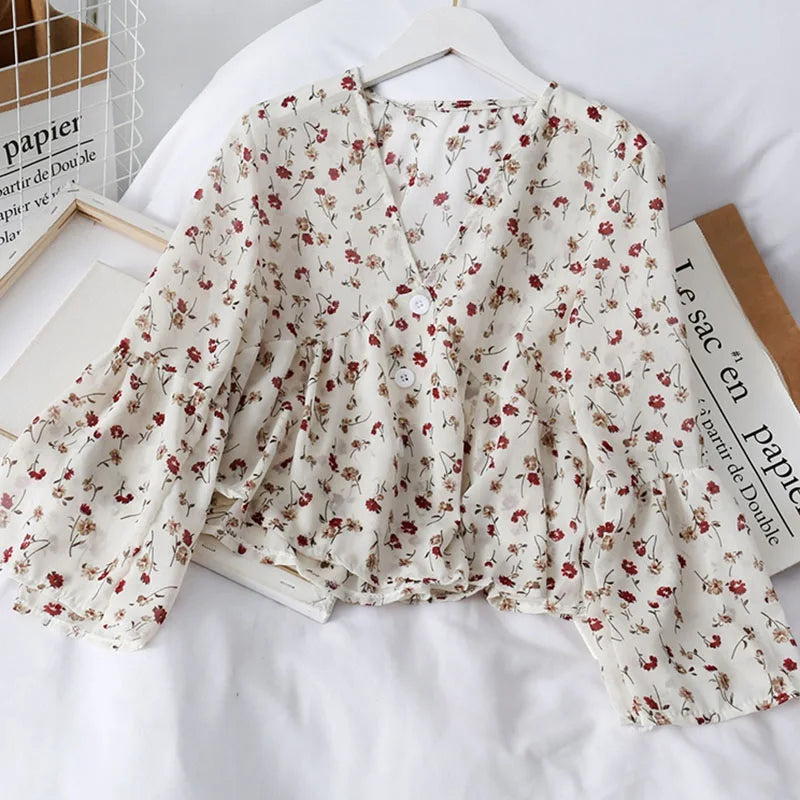 Chiffon Floral Blouses For Women Soft Retro Chic Ladies Shirts  Temperament Fresh Popular Trendy Ulzzang Button Femme Clothing