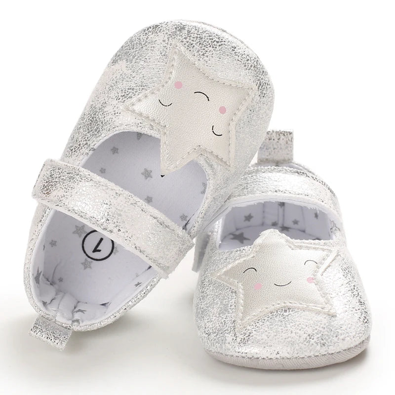 Cute 0-18M Spring Newborn Silver Baby Shoes Non Slip Cloth Bottom Girl Shoes Elegant Breathable Casual Baby First Walking Shoes
