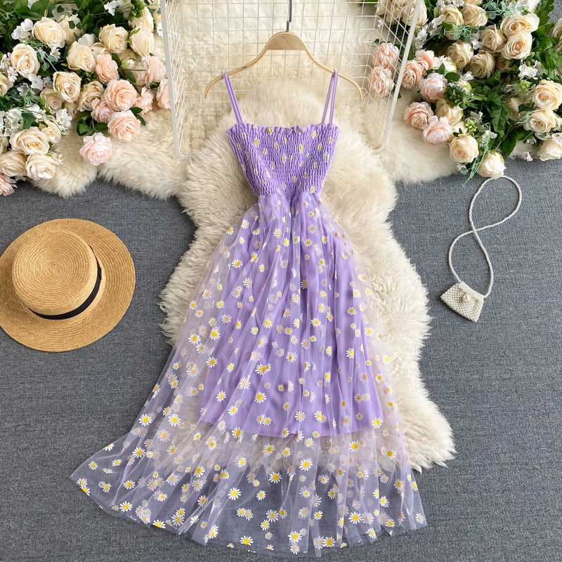 YuooMuoo Korean Fashion Daisy Flower Print Mesh Party Dress Summer Two Layers Spaghetti Strap Vacation Midi Dress Beach Vespids