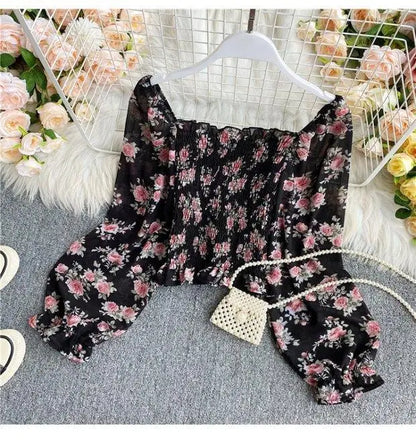 Blouse Women Autumn Retro Sexy Square-Neck Chiffon Shirt Long Sleeve Women's High Waist Short Blusas Ropa De Mujer