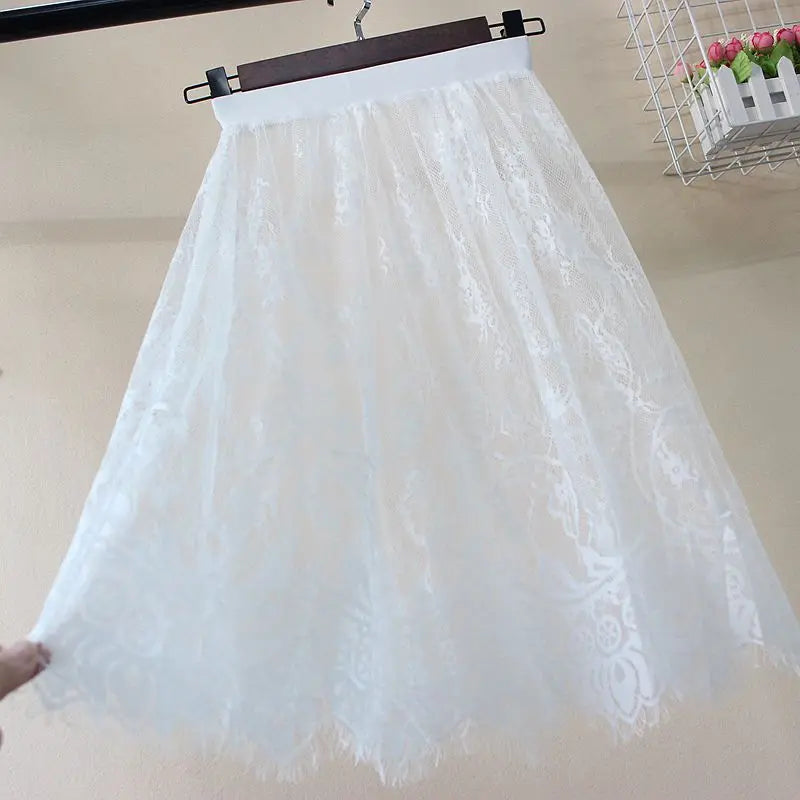 Hot Summer Women Lace Skirts  Fashion Solid Casual Mesh Tulle Skirt Hollow Out Short Pencil Elegant Elastic Black White Skirt