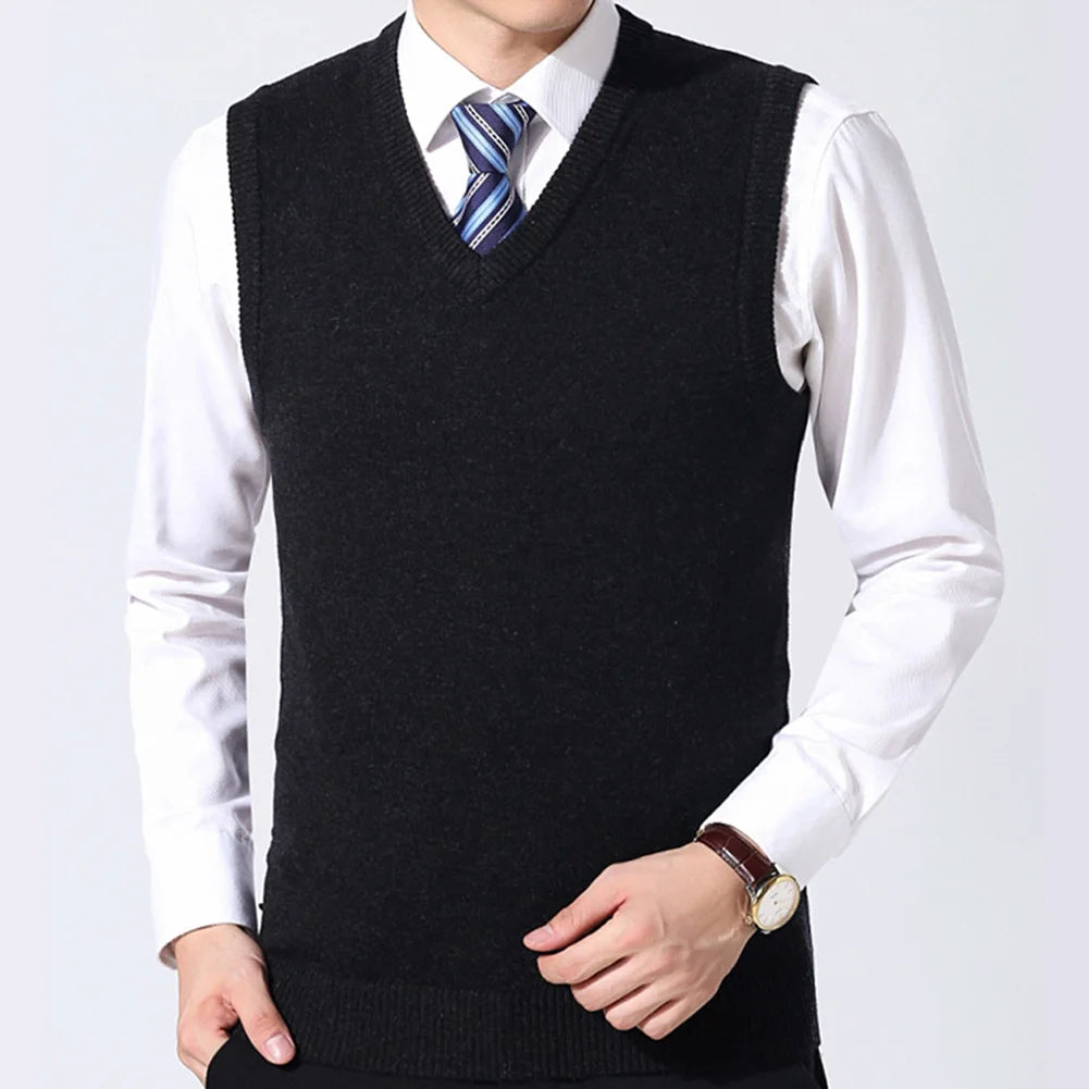 HOT SALES! Men Casual Winter Solid Color V Neck Sleeveless Knitted Woolen Plus Size Vest Knitted Woolen Vest Men Suit Vest
