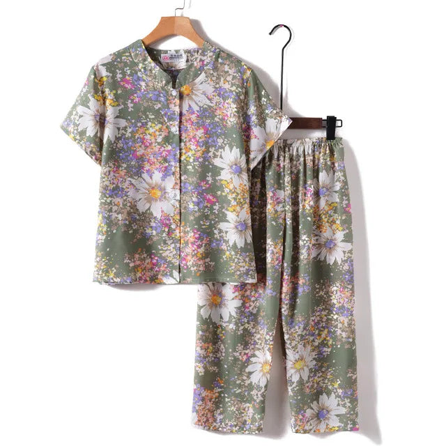 Novelty Sleepwear Women Pajamas Set Night Suit For Mother & Grandma Pajamas Summer Pajama Femme Printing Cardigan Home Clothes