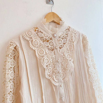 Women Chiffon Button Turtleneck Shirt Chic Elegant Floral Lace Fluffy Long Sleeve Top Fashion Hollow Oversize White Blouse 2025