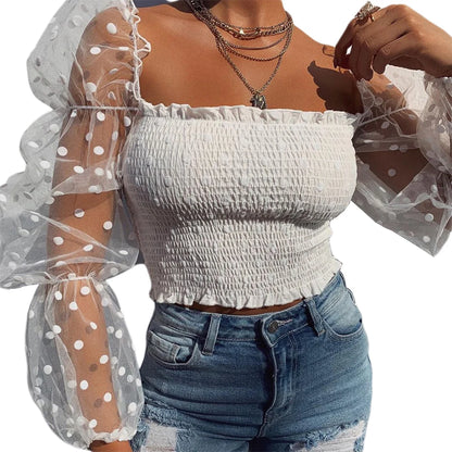 Summer Polka Dot Vintage New Women Shirts Puff Sleeve Square Sexy Square Neck Slim See-through Blouse Crop Top Clubwear