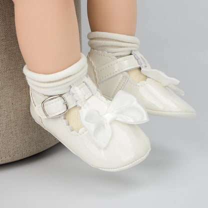 Newborn Baby Shoes Baby Boy Girl Shoes Girl Classic Bowknot Rubber Sole Anti-slip PU Dress Shoes First Walker Toddler Crib Shoes