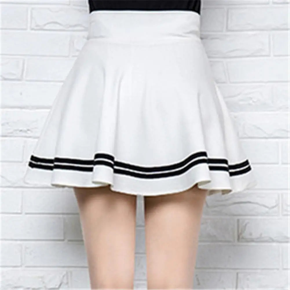 Women Skirt Solid Color Sexy High Waist Stripe Midi Pleated Skirts Girls Black White A Line Mini School Skirt Uniform Large Size