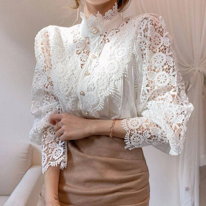Women Chiffon Button Turtleneck Shirt Chic Elegant Floral Lace Fluffy Long Sleeve Top Fashion Hollow Oversize White Blouse 2025
