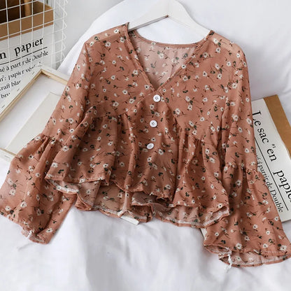 Chiffon Floral Blouses For Women Soft Retro Chic Ladies Shirts  Temperament Fresh Popular Trendy Ulzzang Button Femme Clothing