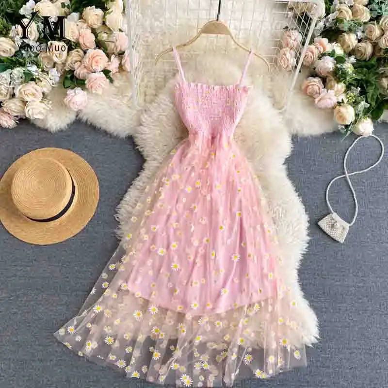 YuooMuoo Korean Fashion Daisy Flower Print Mesh Party Dress Summer Two Layers Spaghetti Strap Vacation Midi Dress Beach Vespids
