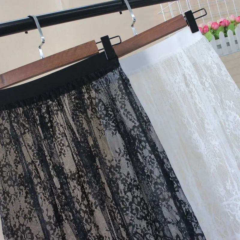 Hot Summer Women Lace Skirts  Fashion Solid Casual Mesh Tulle Skirt Hollow Out Short Pencil Elegant Elastic Black White Skirt