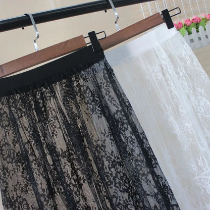 Hot Summer Women Lace Skirts  Fashion Solid Casual Mesh Tulle Skirt Hollow Out Short Pencil Elegant Elastic Black White Skirt