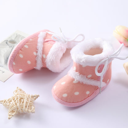Winter Newborn Baby Girl Boy Polka Dot Cute Cartoon Cotton Shoes Soft Sole Plus Velvet Warm Boots Toddler Infant Walking Shoes