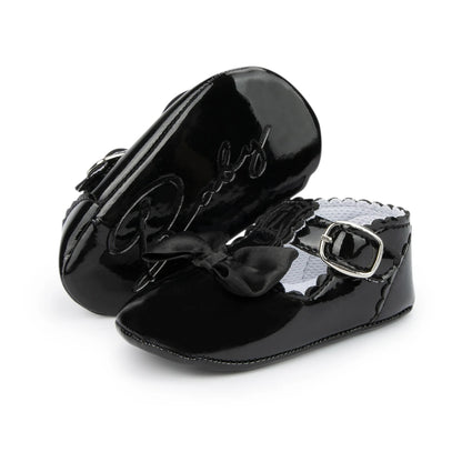 Newborn Baby Shoes Baby Boy Girl Shoes Girl Classic Bowknot Rubber Sole Anti-slip PU Dress Shoes First Walker Toddler Crib Shoes