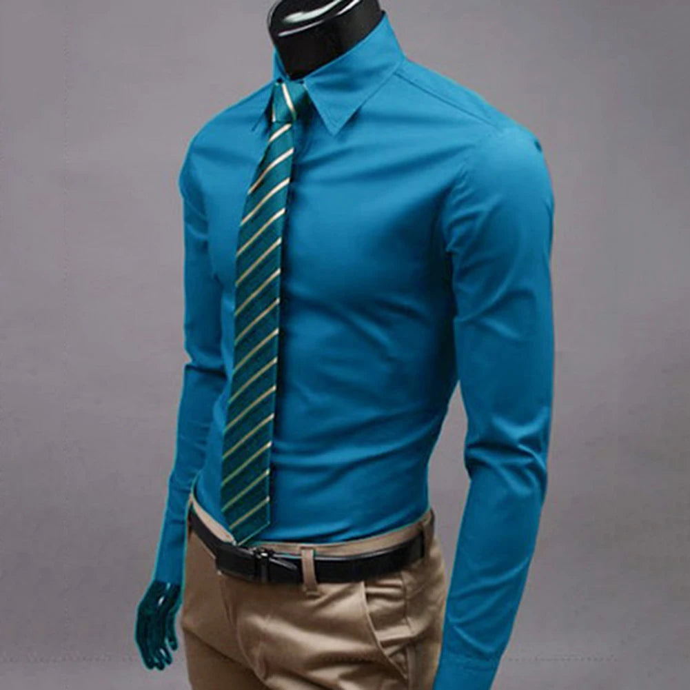 Men Dress Shirt New Fashion Men Solid Color Business Long Sleeve Men Button Turn Down Collar Shirt Top Polyester