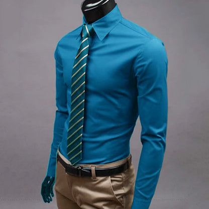 Men Dress Shirt New Fashion Men Solid Color Business Long Sleeve Men Button Turn Down Collar Shirt Top Polyester